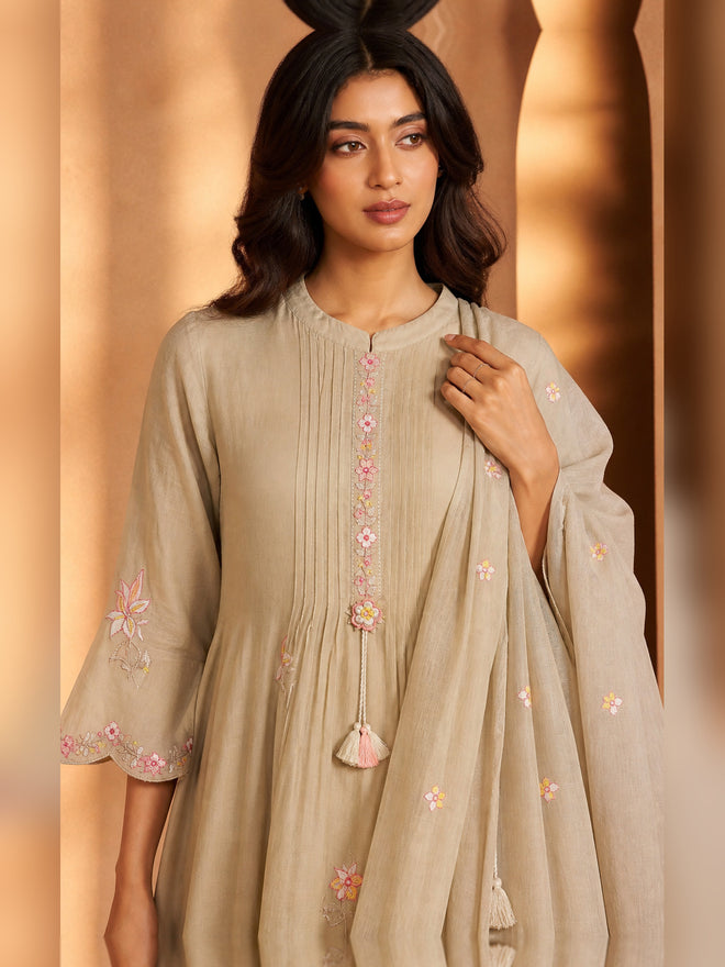 Women's Beige silk blend Embellished Kurta with Trouser and Dupatta