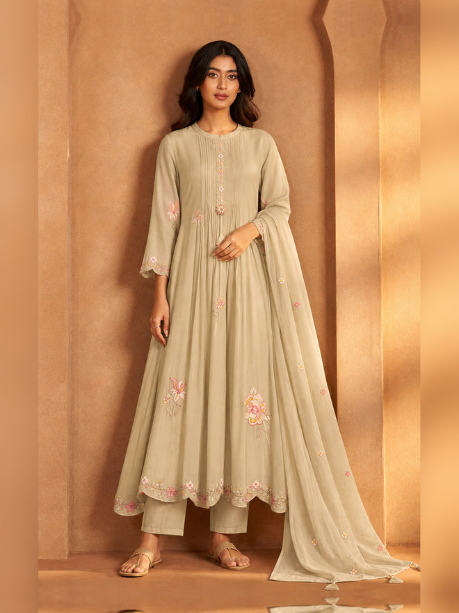 Women's Beige silk blend Embellished Kurta with Trouser and Dupatta