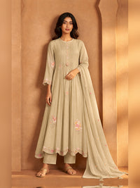 Women's Beige silk blend Embellished Kurta with Trouser and Dupatta