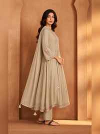 Women's Beige silk blend Embellished Kurta with Trouser and Dupatta