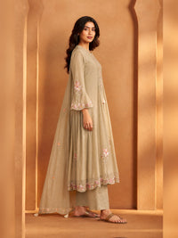 Women's Beige silk blend Embellished Kurta with Trouser and Dupatta