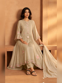 Women's Beige silk blend Embellished Kurta with Trouser and Dupatta