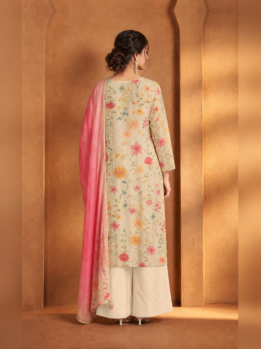 Ivory Floral Printed Kurta Trouser Set with Pink Dupatta