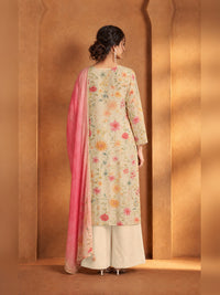 Ivory Floral Printed Kurta Trouser Set with Pink Dupatta