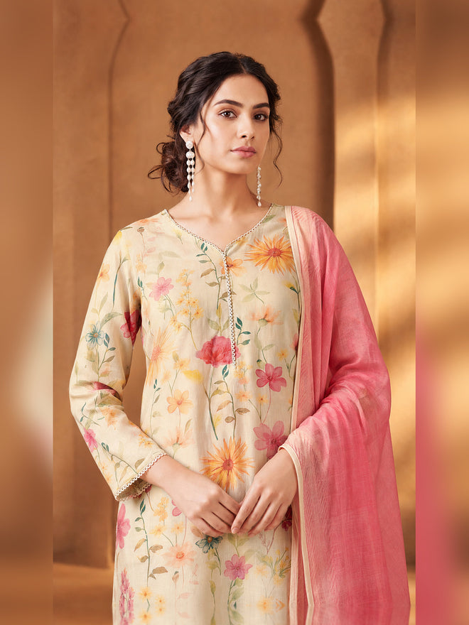 Ivory Floral Printed Kurta Trouser Set with Pink Dupatta