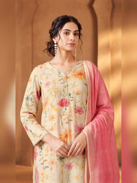 Ivory Floral Printed Kurta Trouser Set with Pink Dupatta