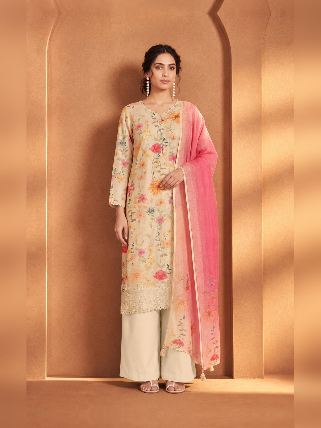 Ivory Floral Printed Kurta Trouser Set with Pink Dupatta