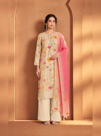 Ivory Floral Printed Kurta Trouser Set with Pink Dupatta