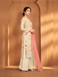 Ivory Floral Printed Kurta Trouser Set with Pink Dupatta