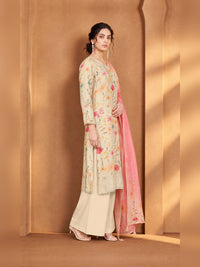 Ivory Floral Printed Kurta Trouser Set with Pink Dupatta