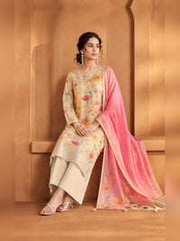 Ivory Floral Printed Kurta Trouser Set with Pink Dupatta