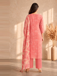 Women's Peach Pink Linen Embellished Kurta with Trouser and Dupatta