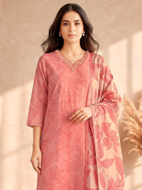 Women's Peach Pink Linen Embellished Kurta with Trouser and Dupatta