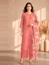 Women's Peach Pink Linen Embellished Kurta with Trouser and Dupatta