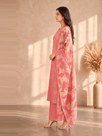 Women's Peach Pink Linen Embellished Kurta with Trouser and Dupatta