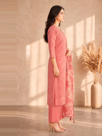 Women's Peach Pink Linen Embellished Kurta with Trouser and Dupatta