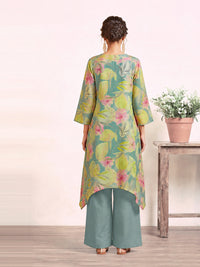 Women's Mint Green Linen Embellished Kurta with Trouser Set