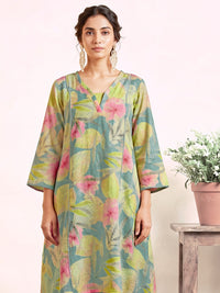 Women's Mint Green Linen Embellished Kurta with Trouser Set