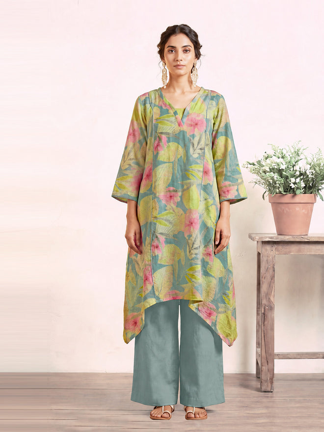 Women's Mint Green Linen Embellished Kurta with Trouser Set