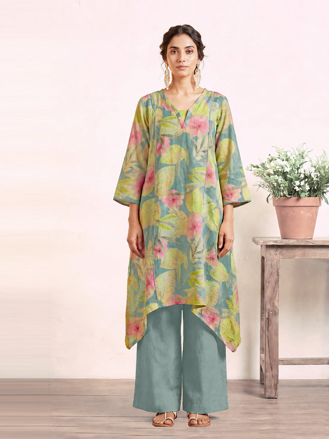 Women's Mint Green Linen Embellished Kurta with Trouser Set