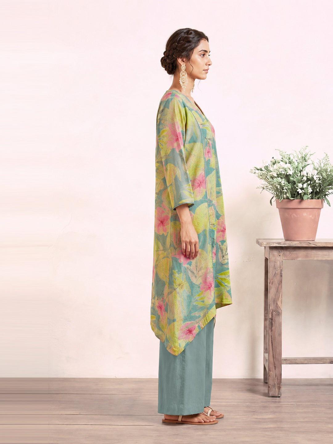 Women's Mint Green Linen Kurta with Trouser Set