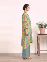 Women's Mint Green Linen Embellished Kurta with Trouser Set