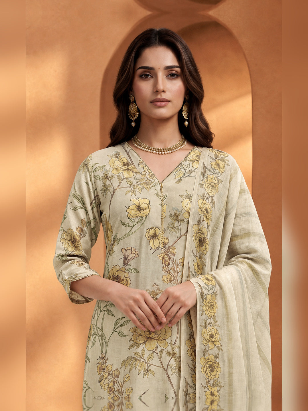 Beige Floral Printed Kurta Trouser Set with Dupatta