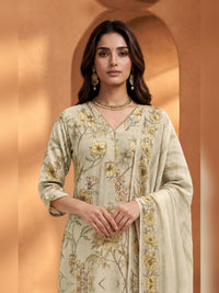 Beige Floral Printed Kurta Trouser Set with Dupatta