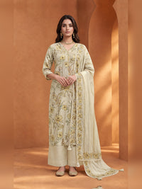 Beige Floral Printed Kurta Trouser Set with Dupatta