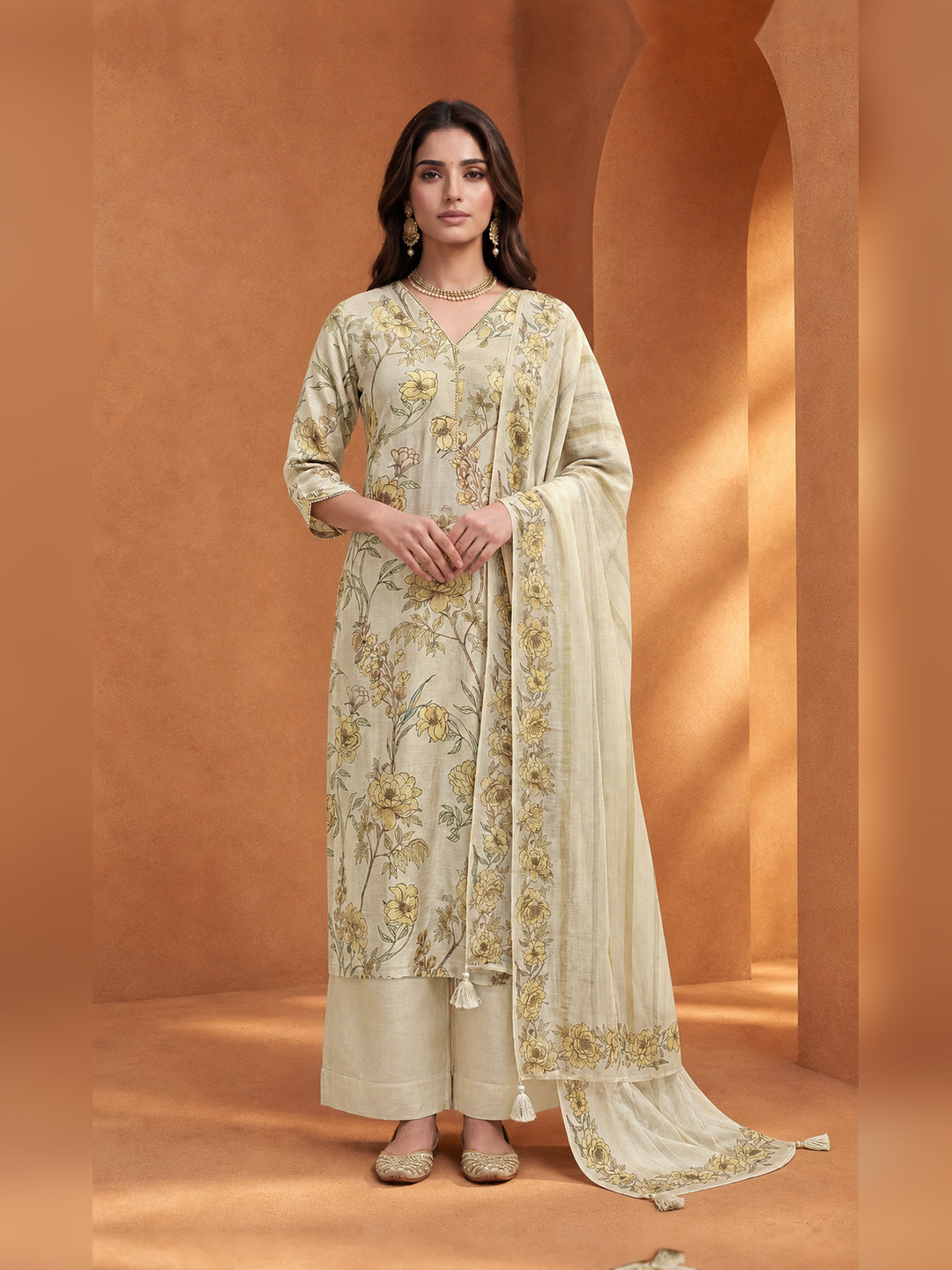 Beige Floral Printed Kurta Trouser Set with Dupatta