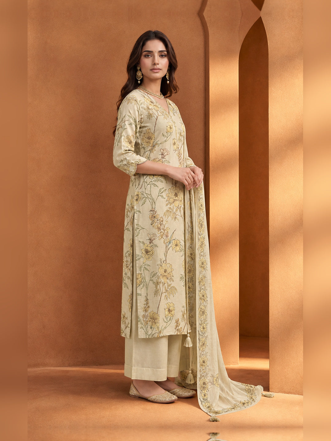 Beige Floral Printed Kurta Trouser Set with Dupatta
