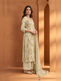 Beige Floral Printed Kurta Trouser Set with Dupatta