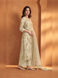 Beige Floral Printed Kurta Trouser Set with Dupatta