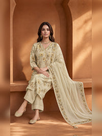 Beige Floral Printed Kurta Trouser Set with Dupatta
