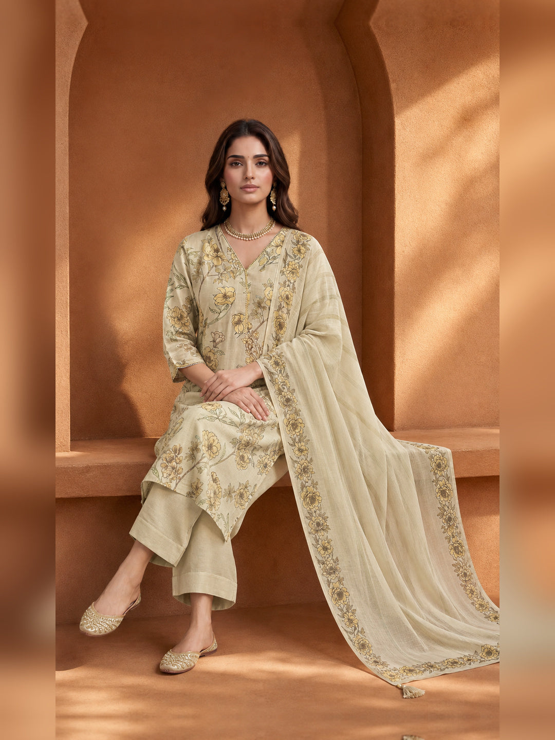 Beige Floral Printed Kurta Trouser Set with Dupatta