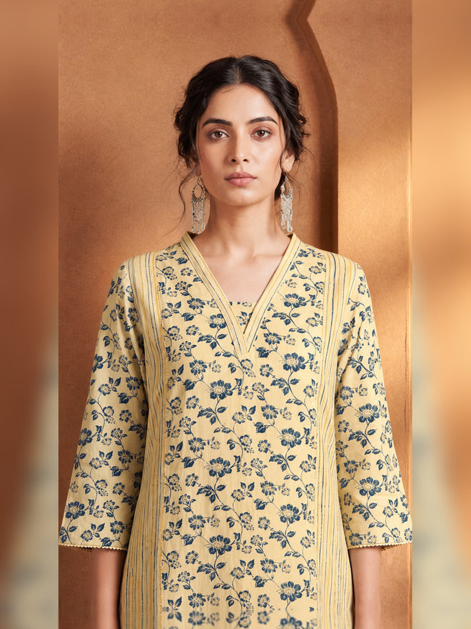 Yellow Floral Printed High-Low Kurta Trouser Set