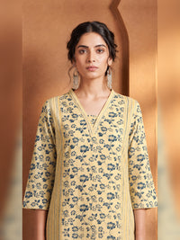 Yellow Floral Printed High-Low Kurta Trouser Set