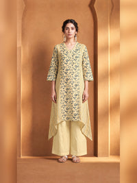 Yellow Floral Printed High-Low Kurta Trouser Set