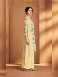 Yellow Floral Printed High-Low Kurta Trouser Set