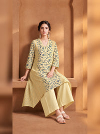 Yellow Floral Printed High-Low Kurta Trouser Set