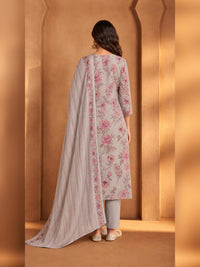 Grey Floral Printed Kurta Pant Set with Dupatta