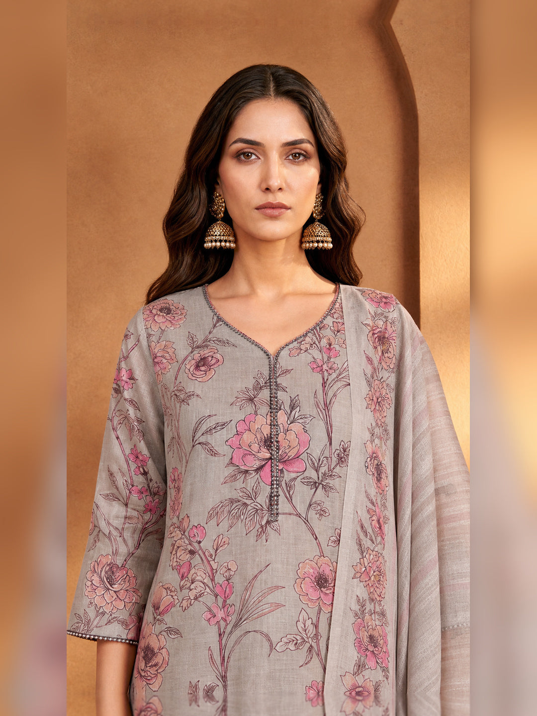 Grey Floral Printed Kurta Pant Set with Dupatta