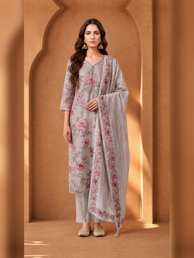 Grey Floral Printed Kurta Pant Set with Dupatta