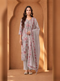 Grey Floral Printed Kurta Pant Set with Dupatta
