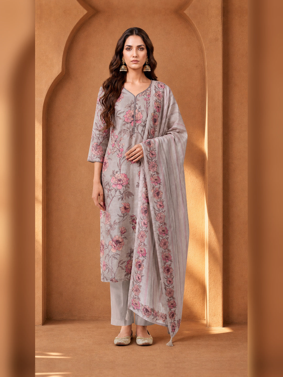 Grey Floral Printed Kurta Pant Set with Dupatta