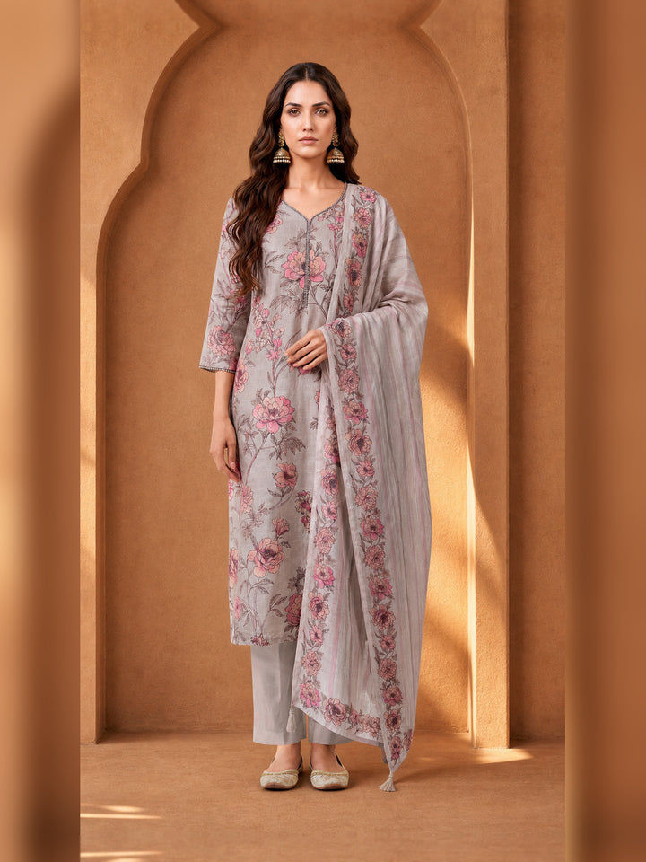 Grey Floral Printed Kurta Pant Set with Dupatta