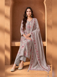 Grey Floral Printed Kurta Pant Set with Dupatta