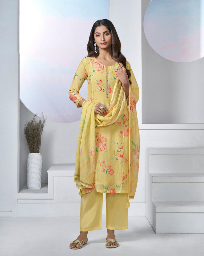 Yellow Printed With Lace Work Straight Kurta With Dyed Trousers And Printed Dupatta