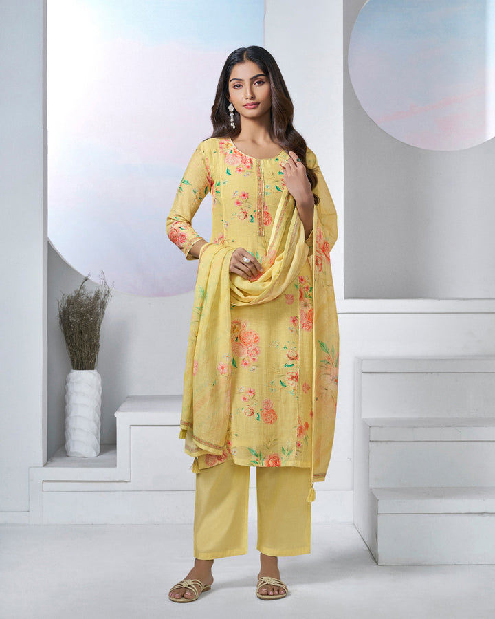 YELLOW PRINTED WITH LACE WORK STRAIGHT KURTA WITH DYED TROUSERS AND PRINTED DUPATTA