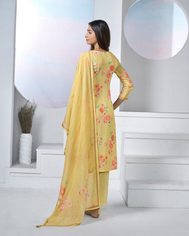 Yellow Printed With Lace Work Straight Kurta With Dyed Trousers And Printed Dupatta